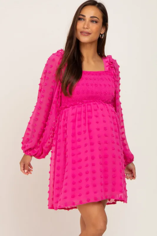 Fuchsia Swiss Dot Smocked Maternity Dress sold by Pinkblush