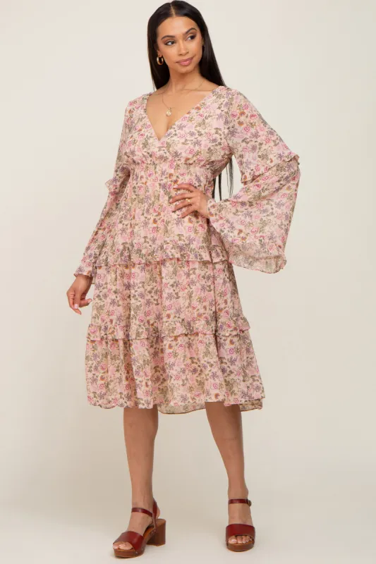 Pink Floral Long Sleeve Ruffle Tiered Dress sold by Pinkblush