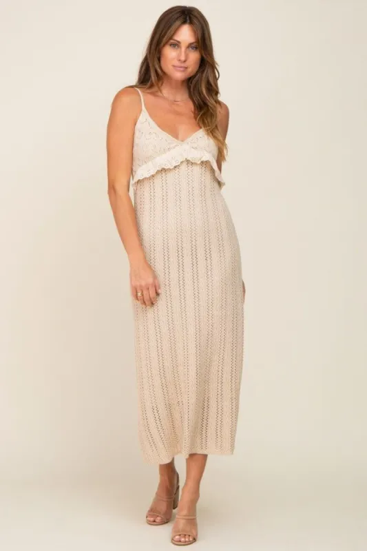Beige Crochet Eyelet Trim Midi Dress sold by Pinkblush