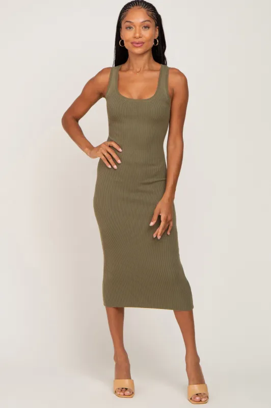 Olive Fitted Knit Midi Dress sold by Pinkblush