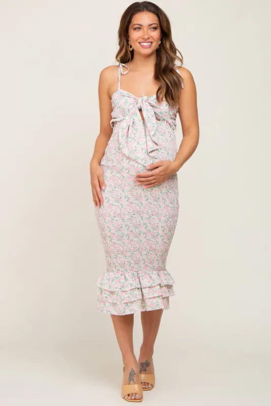 Ivory Pink Rose Floral Knot Front Smocked Maternity Midi Dress sold by Pinkblush