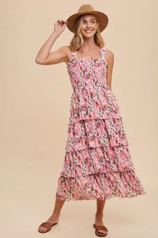 Pink Multi Floral Printed Pleated Tiered Strap Dress sold by Pinkblush