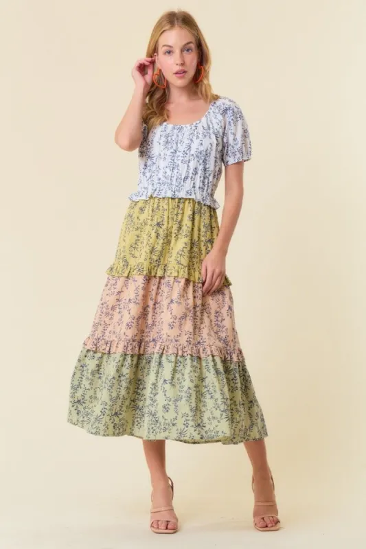 Off White Sage Mix Floral Print Short Sleeve Color Block Midi Dress sold by Pinkblush
