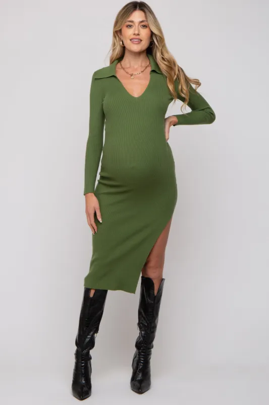 Green Ribbed Collared Fitted Side Slit Maternity Midi Dress sold by Pinkblush
