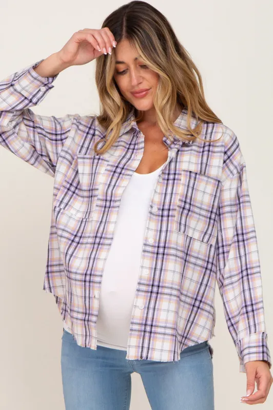 Lavender Plaid Frayed Maternity Button Up sold by Pinkblush