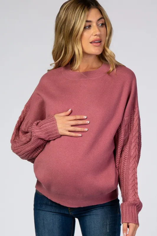 Mauve Cable Knit Sleeve Mock Neck Maternity Sweater sold by Pinkblush