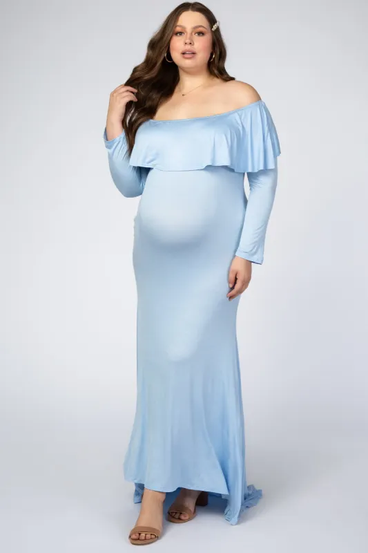 Light Blue Off Shoulder Ruffle Maternity Plus Photoshoot Gown/Dress sold by Pinkblush