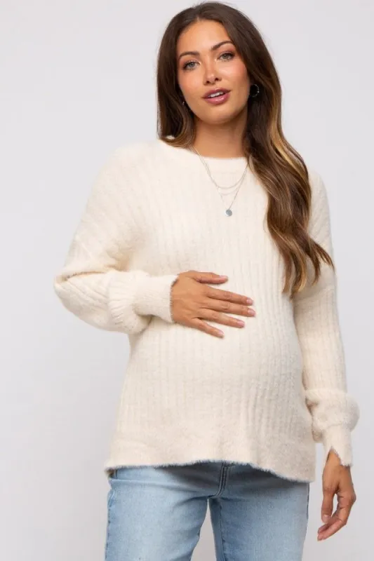 Ivory Fuzzy Ribbed Knit Maternity Sweater sold by Pinkblush