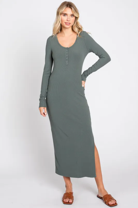 Olive Ribbed Front Button Long Sleeve Midi Dress sold by Pinkblush