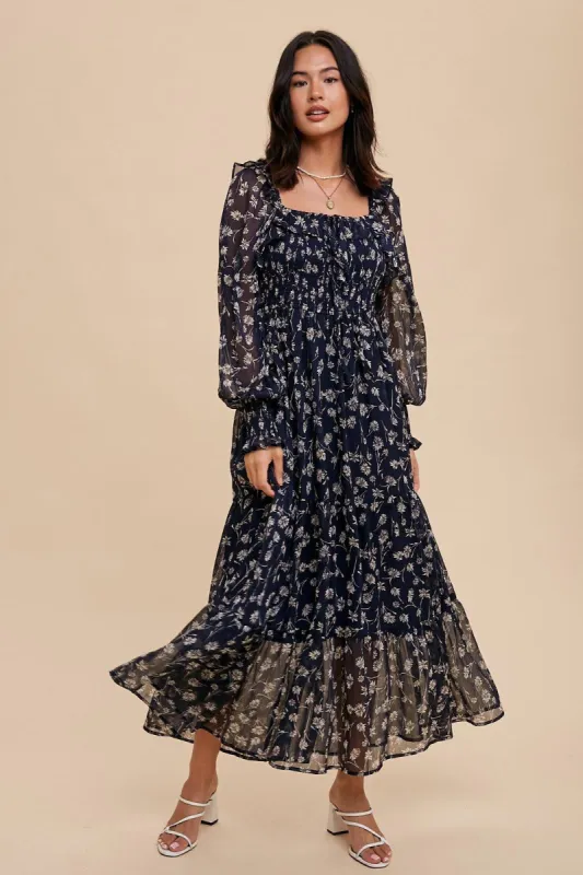 Navy Blue Floral Ruffle Square Neck Smocked Maxi Dress sold by Pinkblush