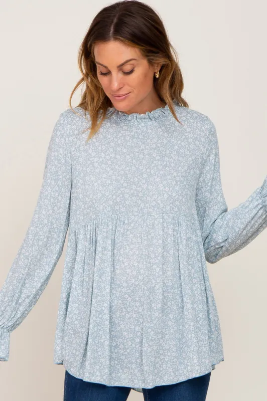 Light Blue Floral Ruffle Neck Top sold by Pinkblush