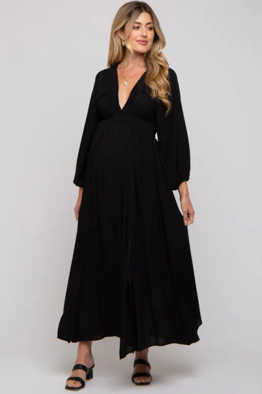 Black Deep V-Neck Smocked Waist Maternity Maxi Dress sold by Pinkblush