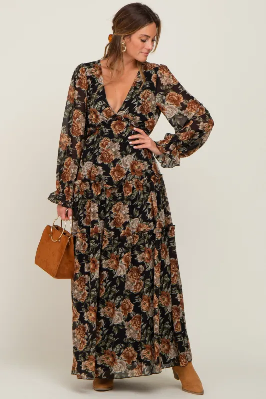 Black Floral Chiffon Ruffle Tiered Maxi Dress sold by Pinkblush