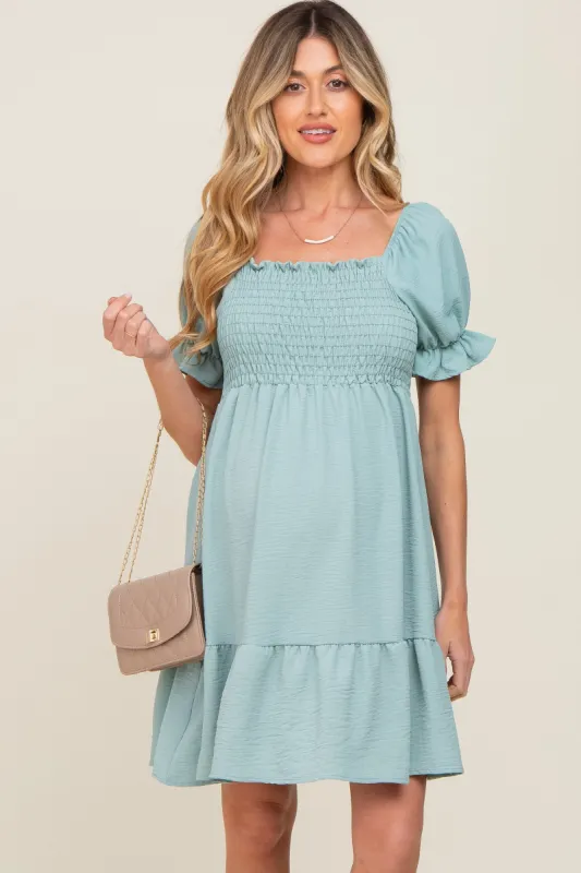 Mint Smocked Ruffle Trim Maternity Dress sold by Pinkblush