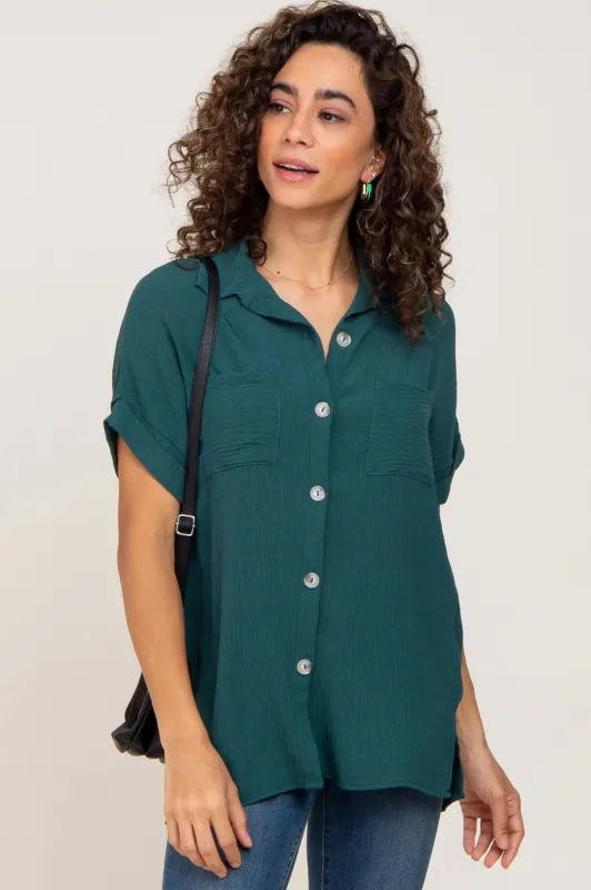 Forest Green Collared Button-Down Short Sleeve Blouse sold by Pinkblush
