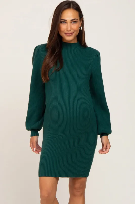 Hunter Green Mock Neck Puff Sleeve Knit Dress sold by Pinkblush