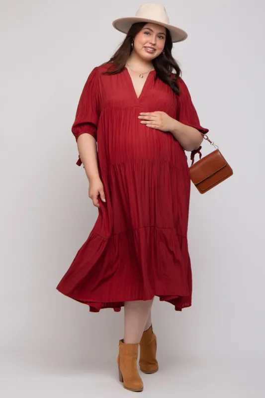 Burgundy Striped Tiered Maternity Plus Midi Dress sold by Pinkblush