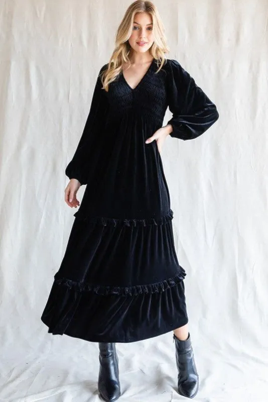 Black Velvet Smocked Midi Dress sold by Pinkblush