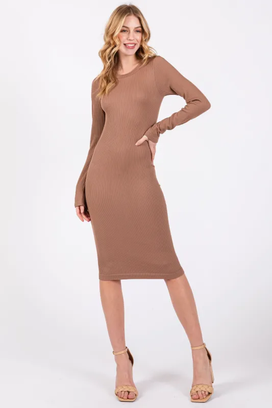 Mocha Ribbed Seamless Fitted Dress sold by Pinkblush