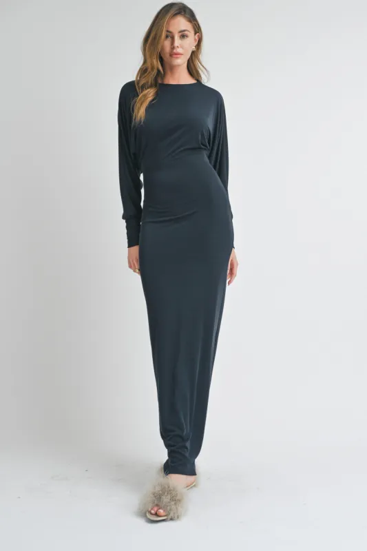 Navy Blue Long Sleeve Open Back Maxi Dress sold by Pinkblush