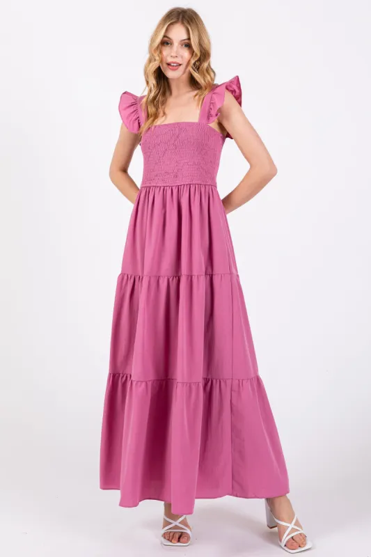 Mauve Sleeveless Smocked Tiered Maxi Dress sold by Pinkblush
