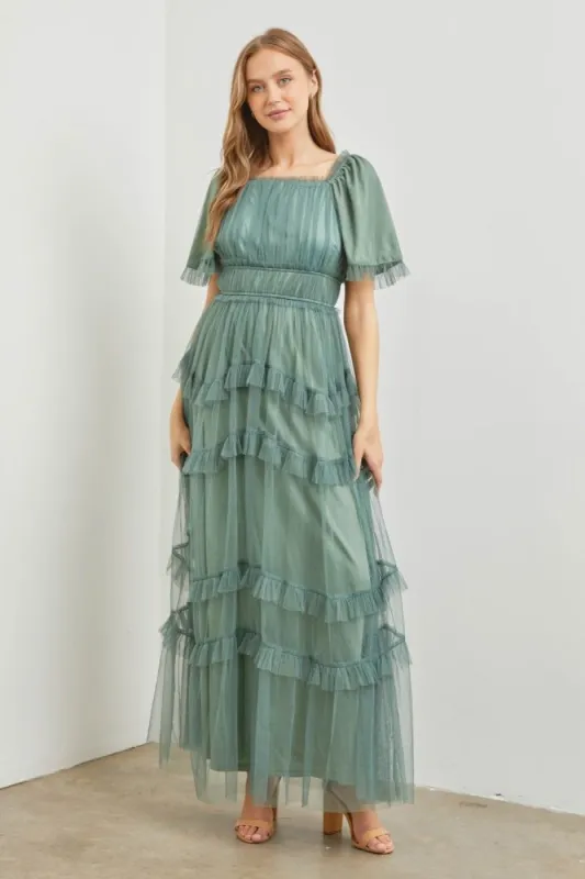 Dusty Teal Tulle Maxi Dress sold by Pinkblush