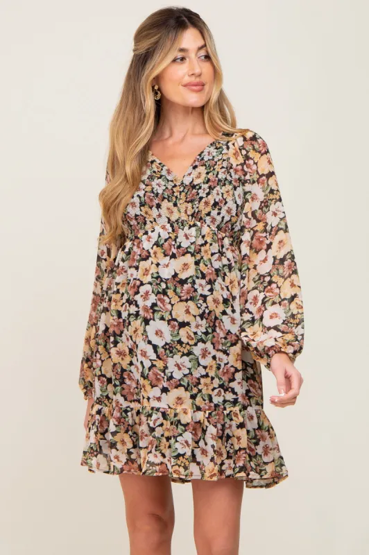 Black Floral Chiffon Smocked Ruffle Hem Maternity Dress sold by Pinkblush