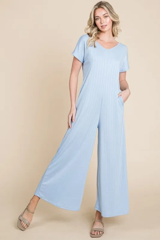 Light Blue Ribbed Wide Leg Jumpsuit sold by Pinkblush