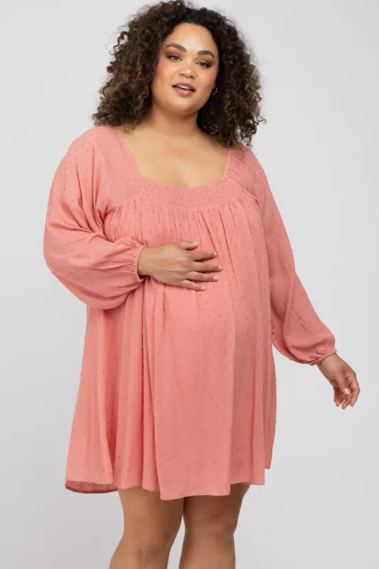 Coral Textured Dot Square Neck Maternity Plus Dress sold by Pinkblush