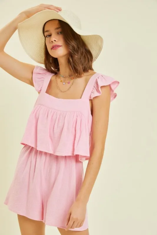 Pink Gauze Square Neck Romper With Mini Ruffles sold by Pinkblush