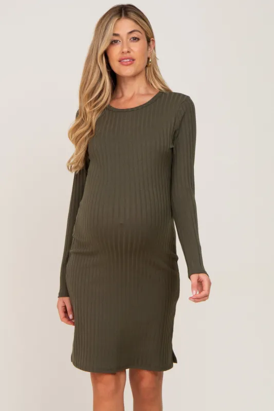 Olive Ribbed Basic Long Sleeve Maternity Dress sold by Pinkblush