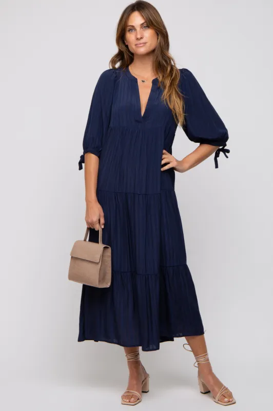 Navy Blue Striped Tiered Midi Dress sold by Pinkblush