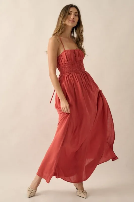 Rust Solid Gather-Bodice Straight-Neck Maxi Dress sold by Pinkblush