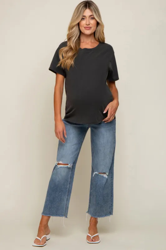 Blue Wide Leg Distressed Knee Maternity Jeans sold by Pinkblush