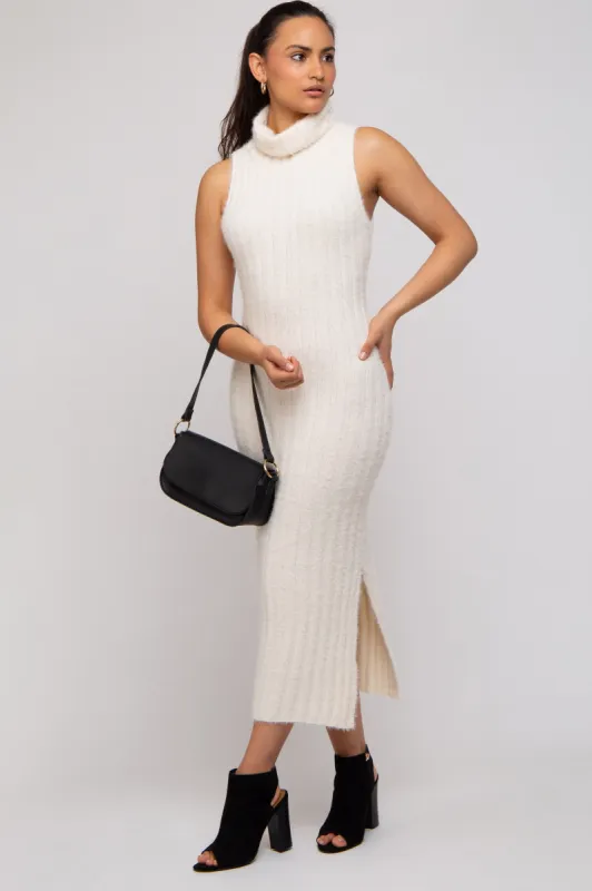 Cream Fuzzy Knit Sleeveless Turtle Neck Midi Dress sold by Pinkblush