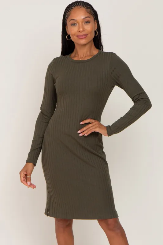 Olive Ribbed Basic Long Sleeve Dress sold by Pinkblush
