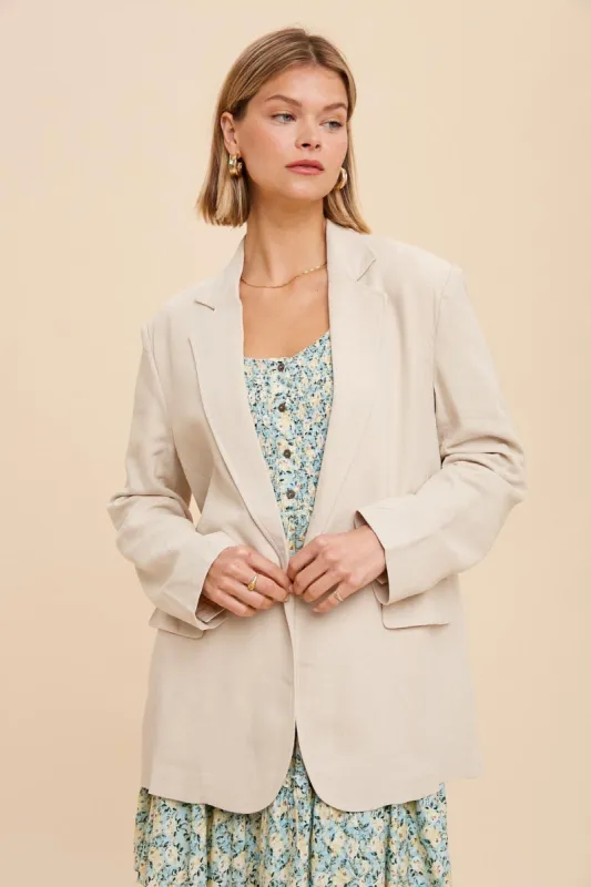 Beige Linen Front Pocket Blazer sold by Pinkblush