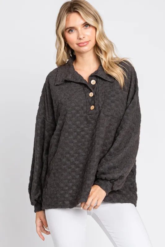 Charcoal Fuzzy Checkered Button Front Top sold by Pinkblush