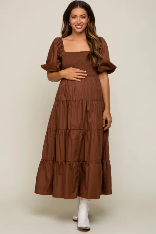 Brown Square Neck Smocked Puff Short Sleeve Tiered Maternity Midi Dress sold by Pinkblush