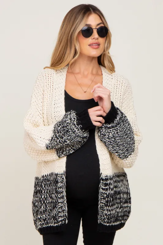 Black Open Knit Color Block Maternity Cardigan sold by Pinkblush