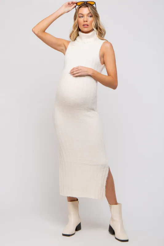 Cream Fuzzy Knit Sleeveless Turtle Neck Maternity Midi Dress sold by Pinkblush