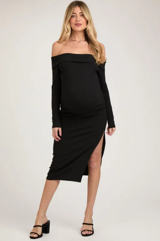 Black Ribbed Off Shoulder Side Slit Maternity Midi Dress sold by Pinkblush