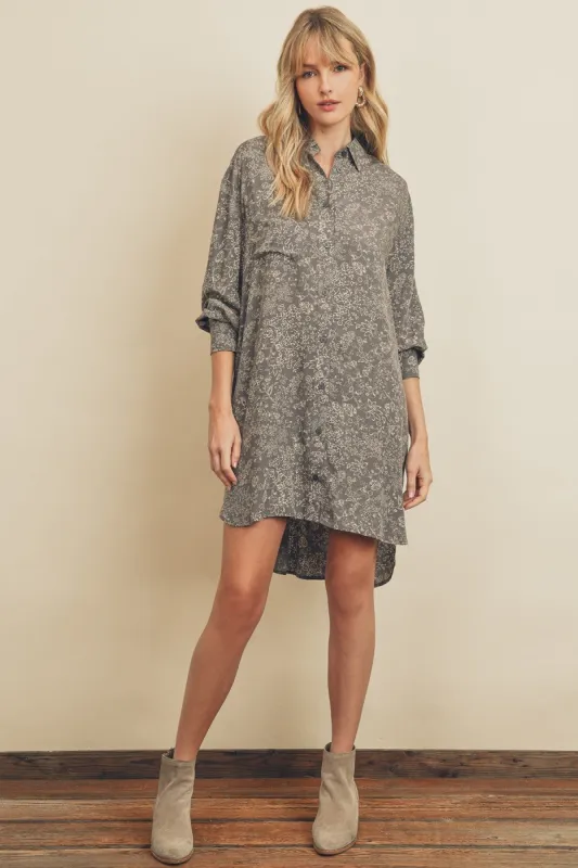 Grey Floral Button Up Long Sleeve Dress sold by Pinkblush
