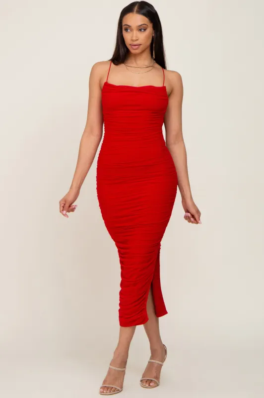 Red Mesh Ruched Side Slit Midi Dress sold by Pinkblush
