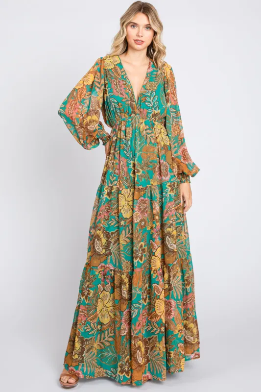 Emerald Floral Deep V-Neck Long Sleeve Maxi Dress sold by Pinkblush