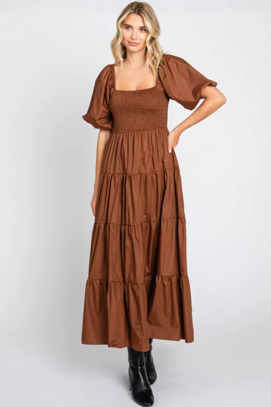 Brown Square Neck Smocked Puff Short Sleeve Tiered Midi Dress sold by Pinkblush
