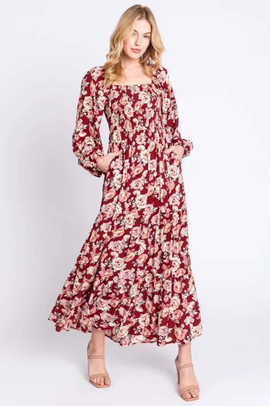 Burgundy Floral Long Sleeve Maxi Dress sold by Pinkblush