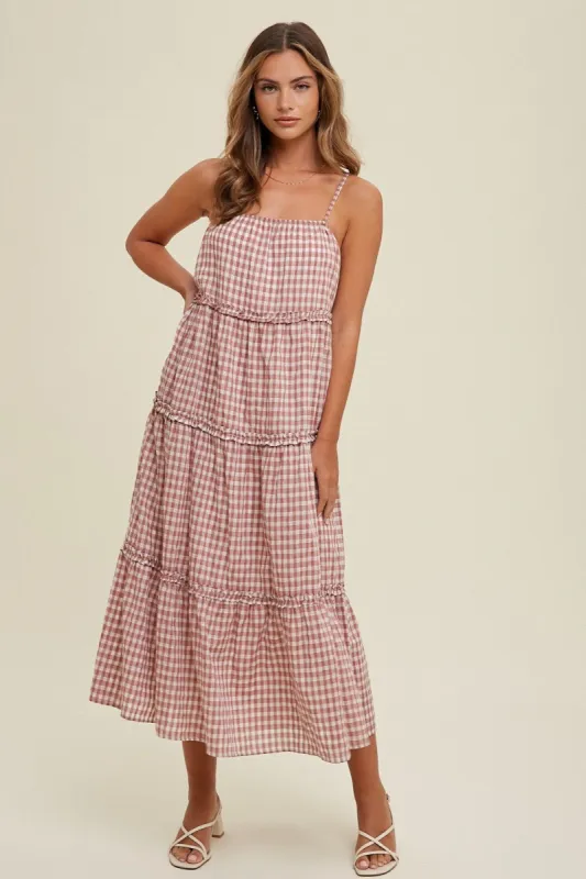 Mauve Gingham Ruffle Tiered Midi Dress sold by Pinkblush