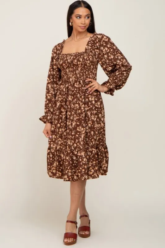 Brown Floral Smocked Long Sleeve Midi Dress sold by Pinkblush