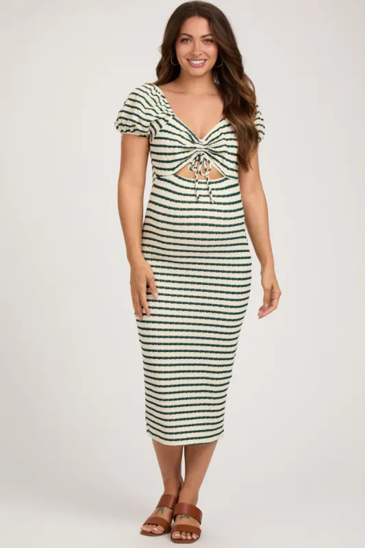 Forest Green Striped Drawstring Ruched Front Maternity Midi Dress sold by Pinkblush